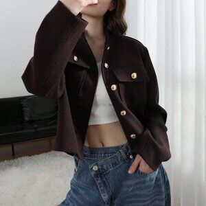 Brown Casual Women's Pockets detailed Single button Jacket